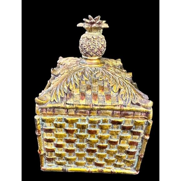 Ceramic Woven Gold Pineapple Top Knob Rectangle Jewelry Trinket Box 6” X 6” X 4” - Picture 5 of 10